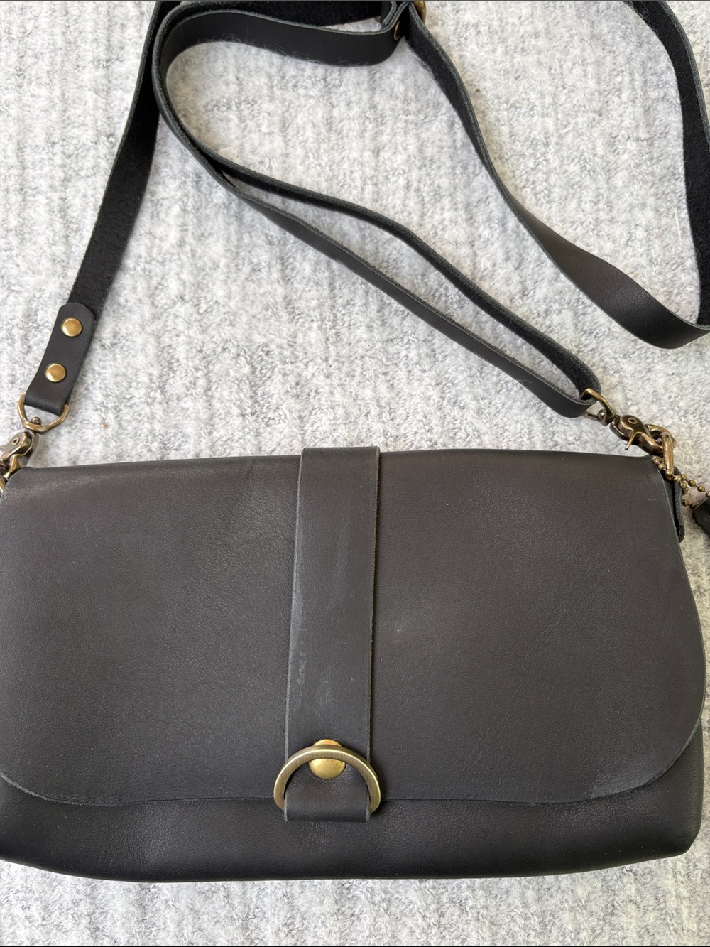 Black Leather Crossbody Bag with Brass D-Ring Accent